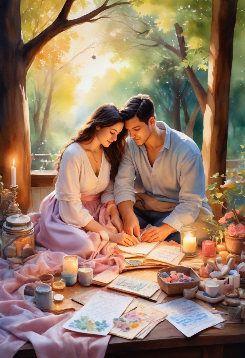 A romantic scene depicting a cozy couple surrounded by handmade crafts, with warm light illuminating their intimate moments. Include soft pastel colors, intertwined hands, and a backdrop of trees adorned with love letters. The atmosphere should evoke passion and closeness, highlighting the essence of love stories. watercolor painting. soft colors. warm ambiance.