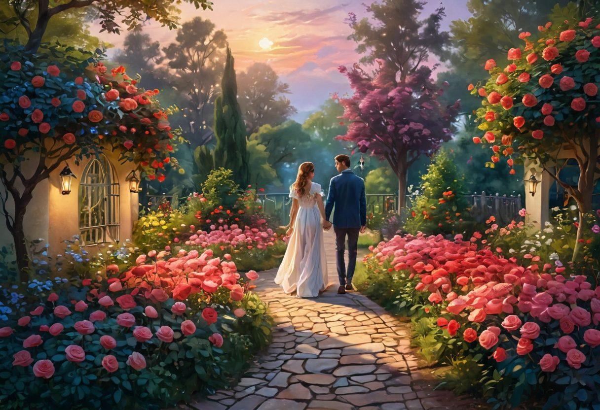 A whimsical depiction of a couple on a meandering path through a vibrant garden, surrounded by blooming roses symbolizing passion and love. The scene transitions from the bright colors of infatuation at the start of the path to the warm, serene hues of devotion as it deepens. An ethereal glow illuminates their faces showing joy and connection. The sky shifts from a playful blue to a gentle evening hue, enhancing the romantic atmosphere. digital painting. vibrant colors. whimsical style.