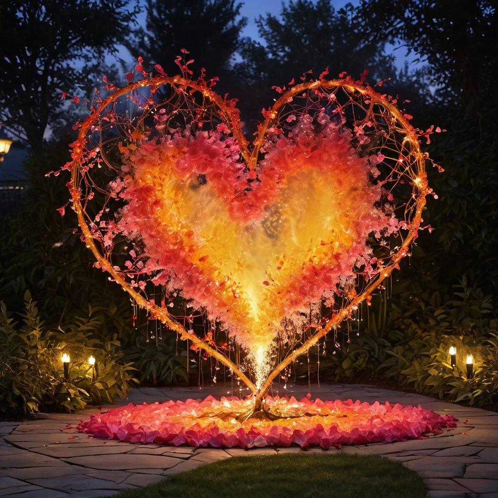 A heart engulfed in vibrant flames, symbolizing passion and romance, intertwined with delicate rose petals and wisps of smoke. In the background, an ethereal garden setting at dusk, with twinkling lights and soft shadows that evoke a sense of intimacy. The scene reflects the warmth of love and connection, inviting viewers to explore deeper emotions. painting. vibrant colors. romantic ambiance.